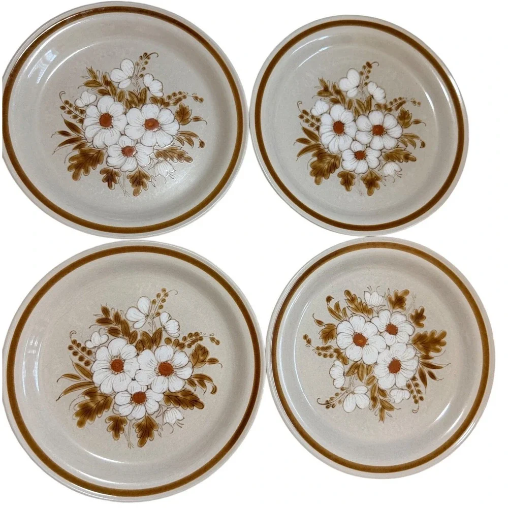 Mountain Wood Collection Dinner Plates 10.5in Brown White Dried Flowers Stonewar
